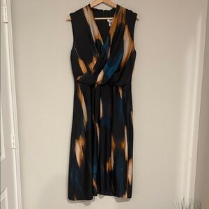DKNY Black Midi Dress with Teal and Camel Brushstroke Print